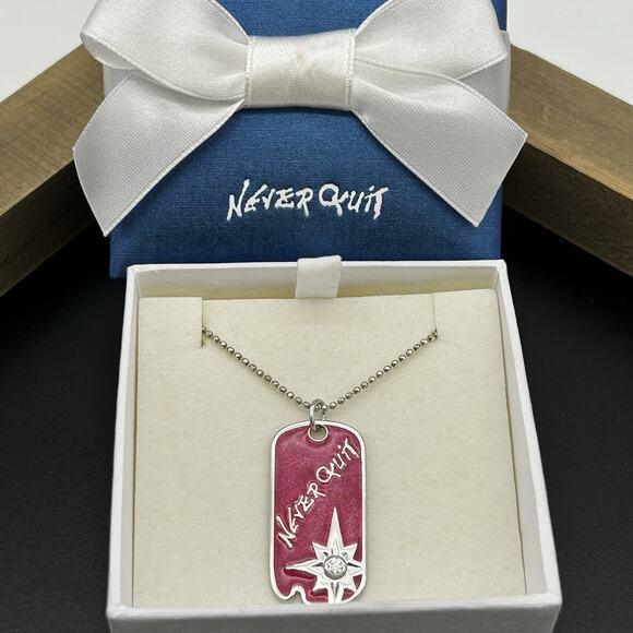 Nicole Barr 925 Sterling Silver Never Quit Enamel Dog Tag Pendant Necklace NEW - Picture 1 of 12